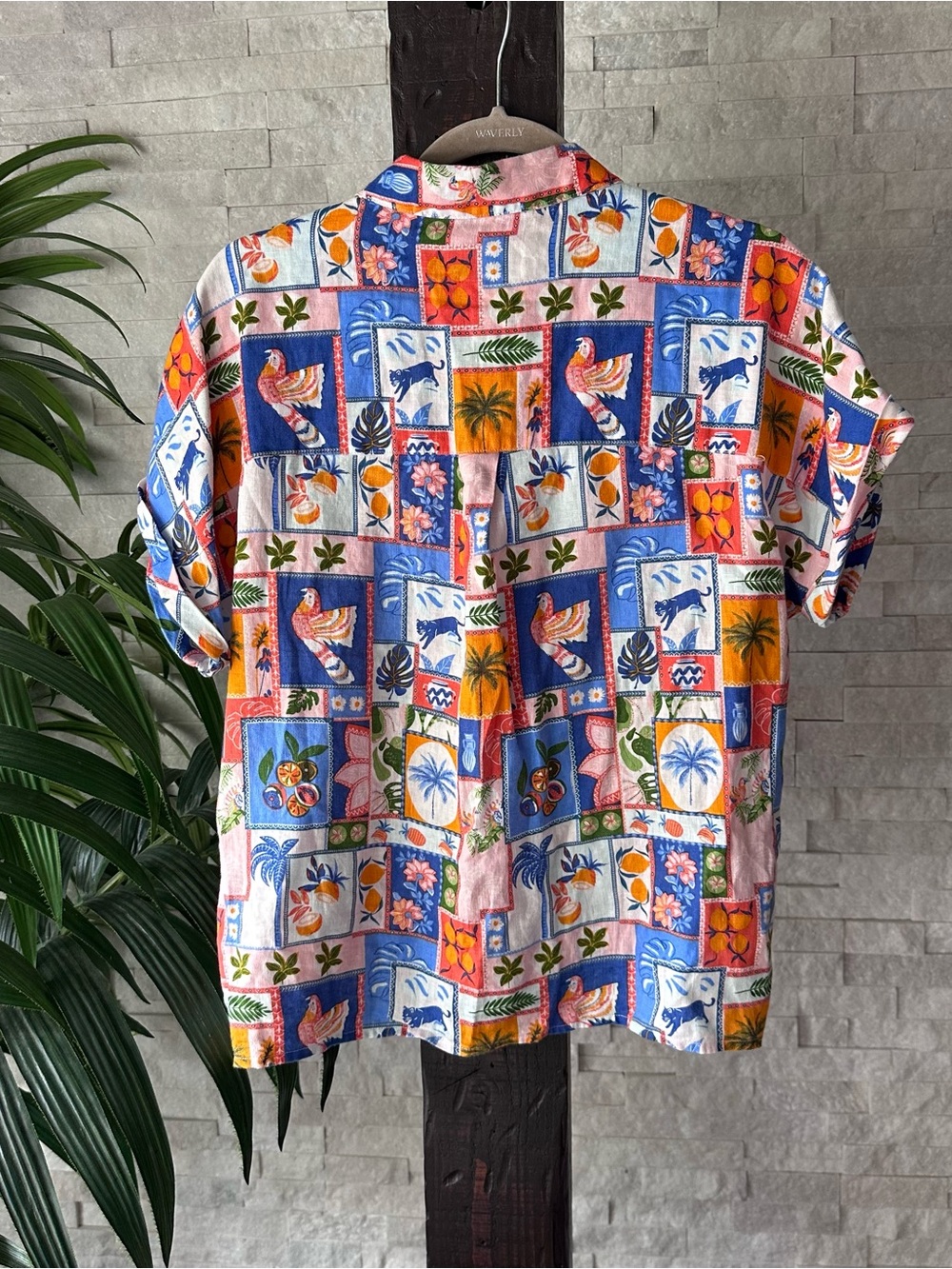 C&C Tropical Vacation Marrakech Multi Patchwork Fruit Print Linen Shirt Size S - Picture 9 of 10